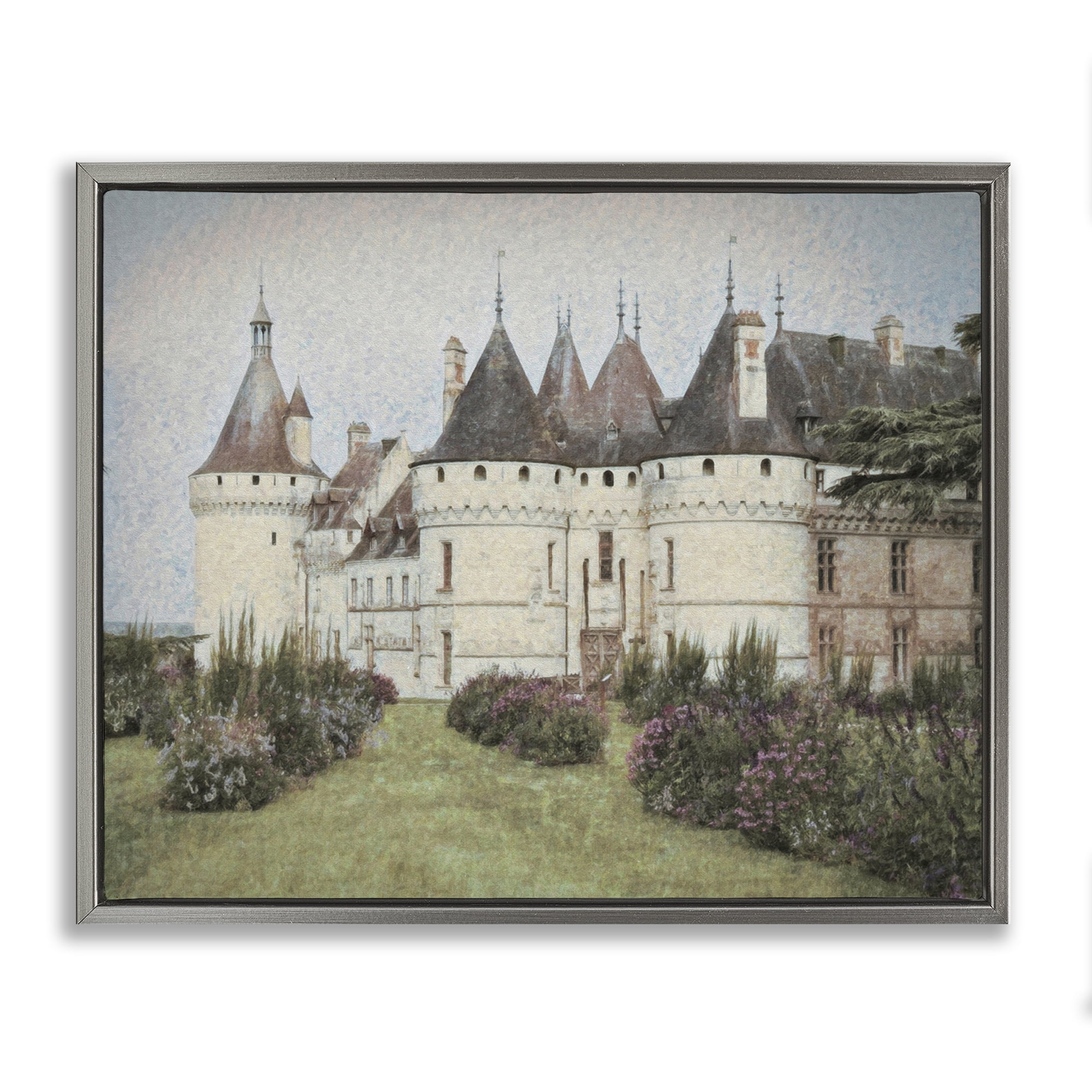 Stupell Industries French Castle Landmark Buildings & Architecture Painting Gray Floater Framed Canvas Art Print Wall Art, 21 x 17