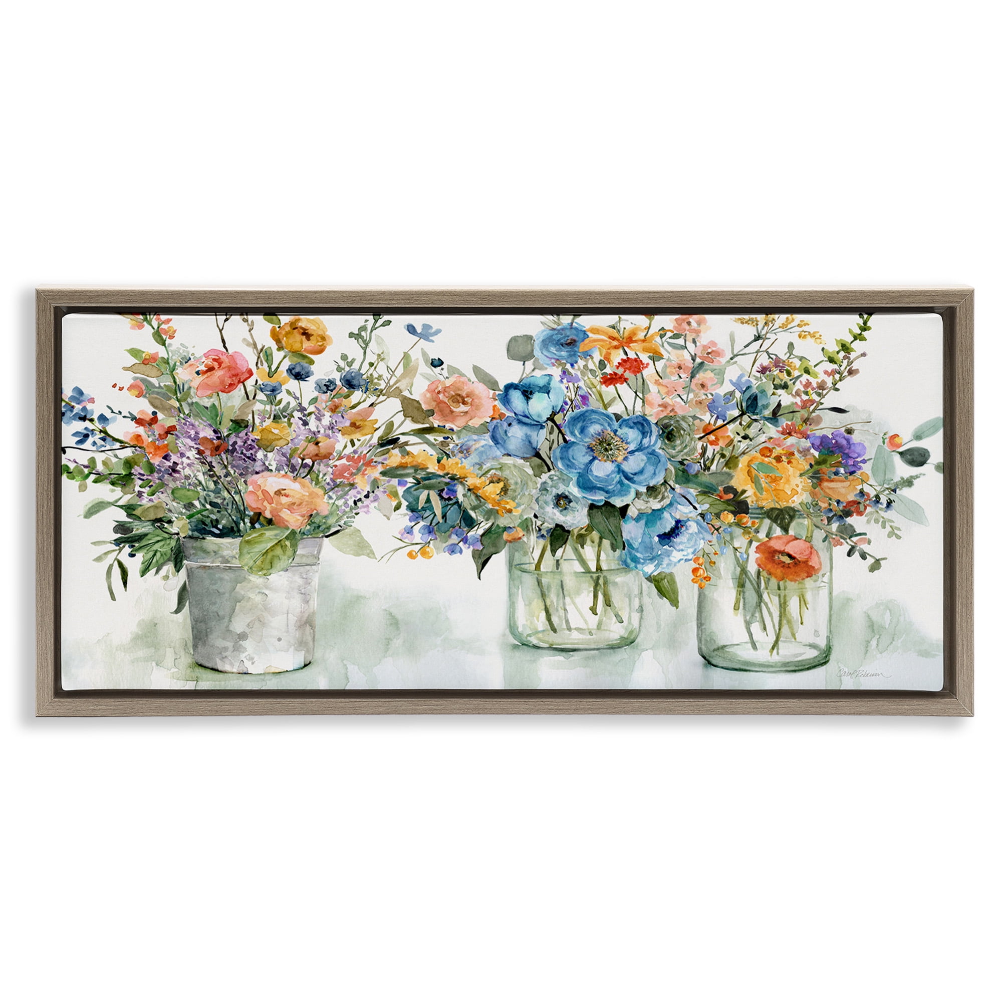Stupell Industries French Cottage Flower Jars Botanical & Floral Painting Brown Floater Framed Canvas Art Print Wall Art, 25 x 11