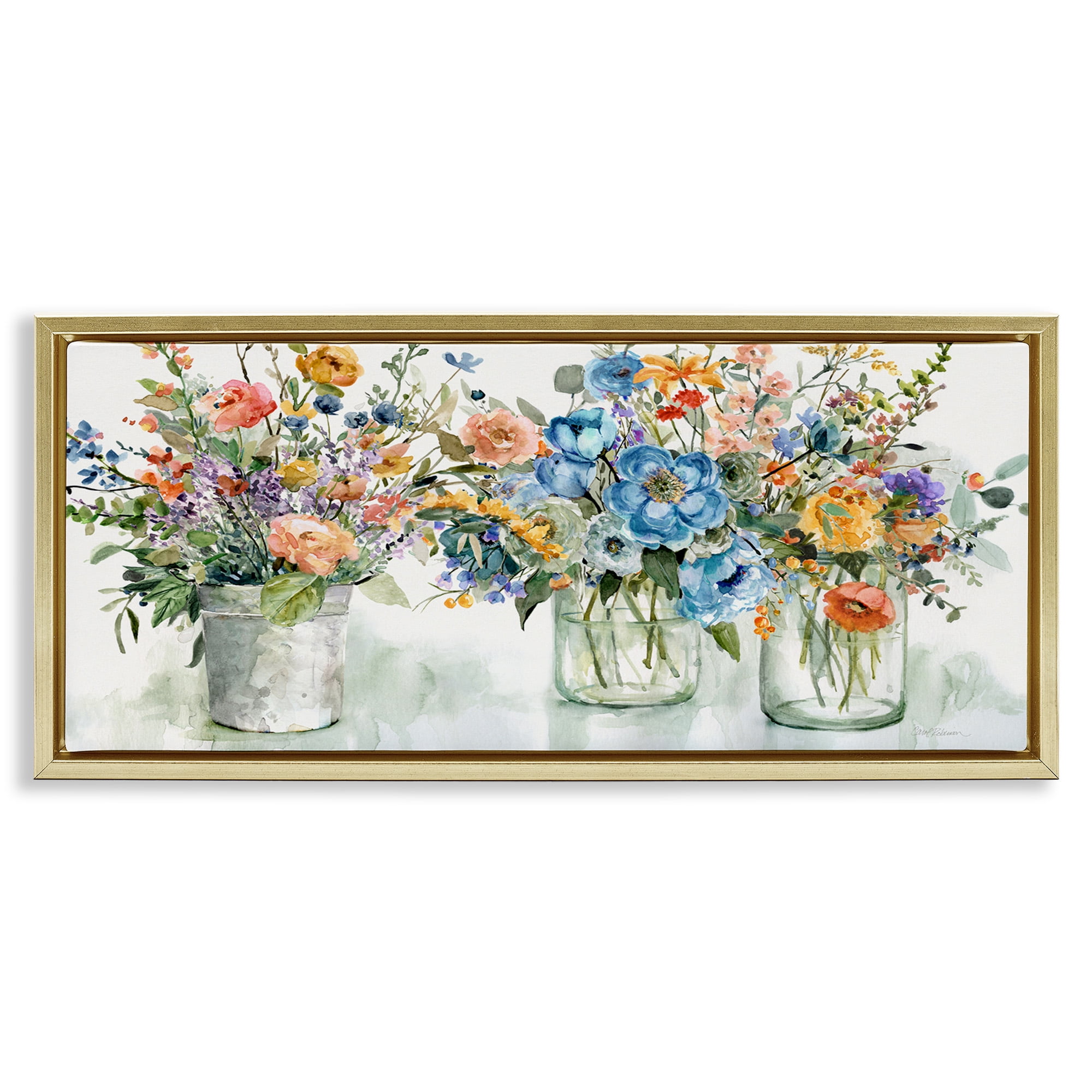 Stupell Industries French Cottage Flower Jars Botanical & Floral Painting Gold Floater Framed Canvas Art Print Wall Art, 31 x 14