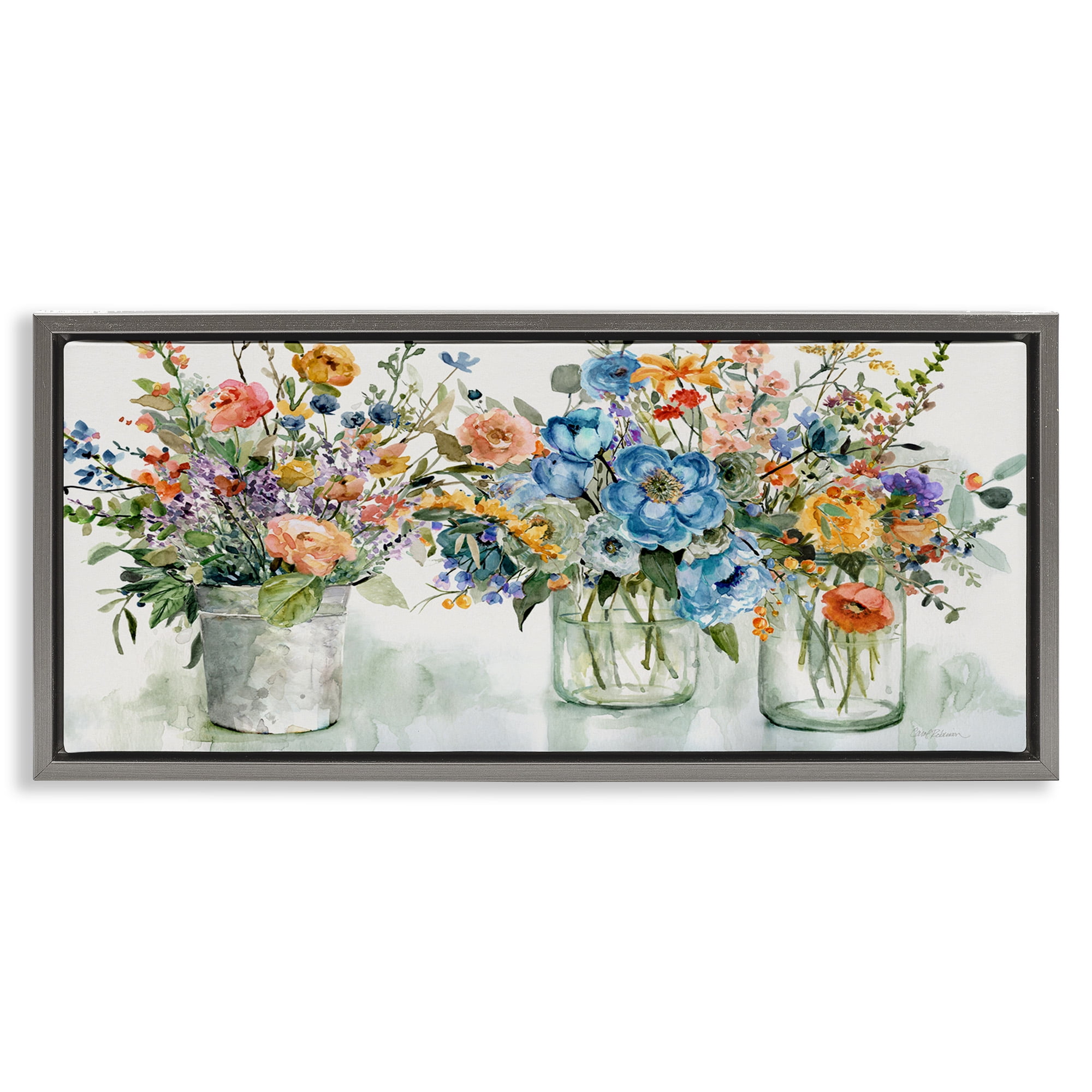 Stupell Industries French Cottage Flower Jars Botanical & Floral Painting Gray Floater Framed Canvas Art Print Wall Art, 31 x 14