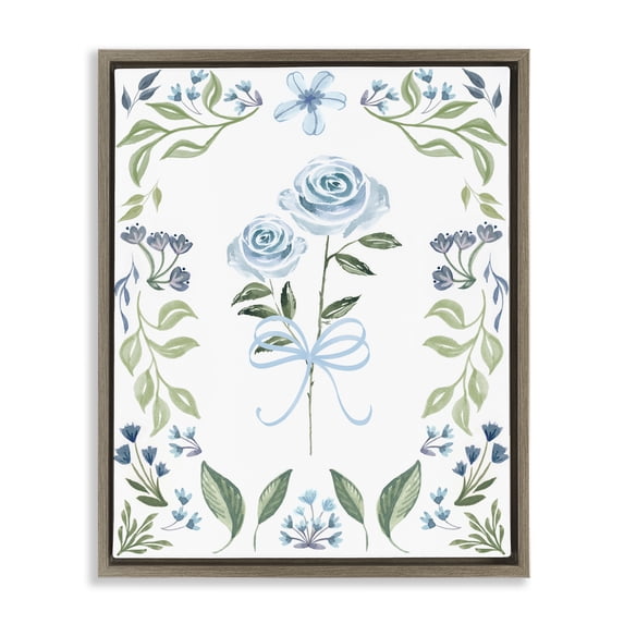 Stupell Industries French Country Blue Roses & Floral Border Brown Floating Frame Canvas Art, 25 x 31, by Kristen Brockmon