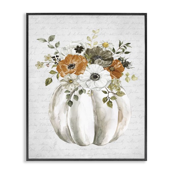 Stupell Industries French Country Festive Flower Bouquet Pumpkin Cursive Words Background Black Framed Giclee Art, 16 x 20, by Lettered and Lined