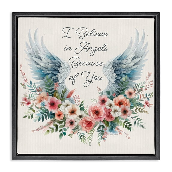 Stupell Industries French Country Floral Believe In Angels Black Floating Frame Canvas Art, 18 x 18, by Nicole DeCamp