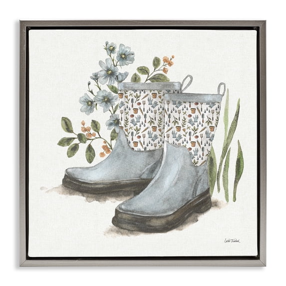 Stupell Industries French Country Floral Gardening Boots Gray Floating Frame Canvas Art, 18 x 18, by Leslie Trimbach