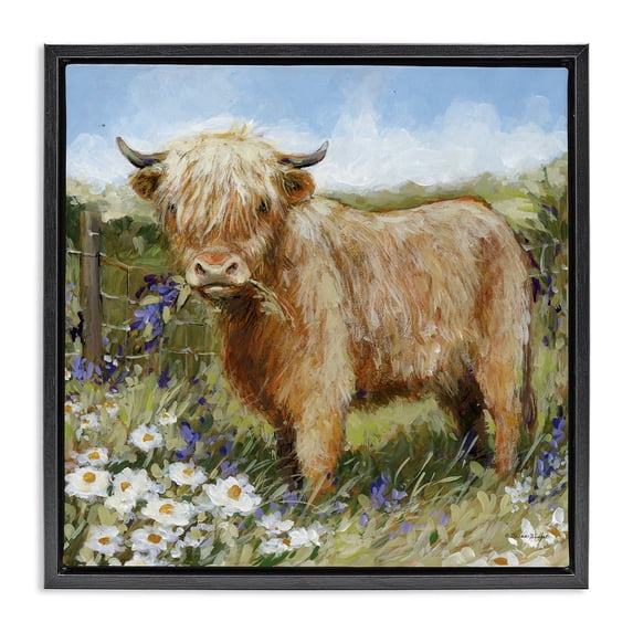 Stupell Industries French Country Floral Pasture Highland Cow Black Floating Frame Canvas Art, 18 x 18, by Susan Winget
