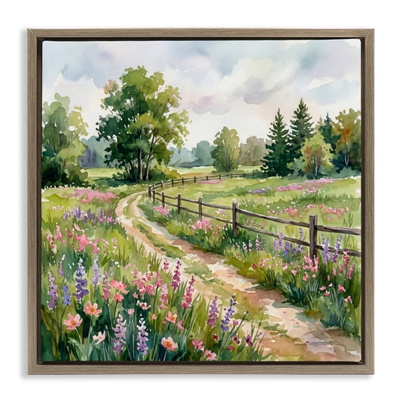 Stupell Industries French Country Flowered Road to Countryside Brown Floating Frame Canvas Art, 18 x 18, by Imagine It Images