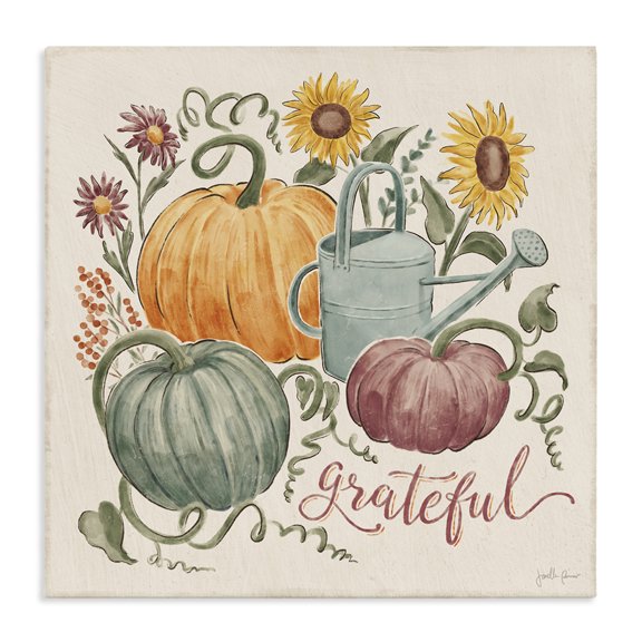 Stupell Industries French Country Grateful Script Warm Pumpkins Autumn Plants Sunflowers Canvas Art, 17 x 17, by Janelle Penner