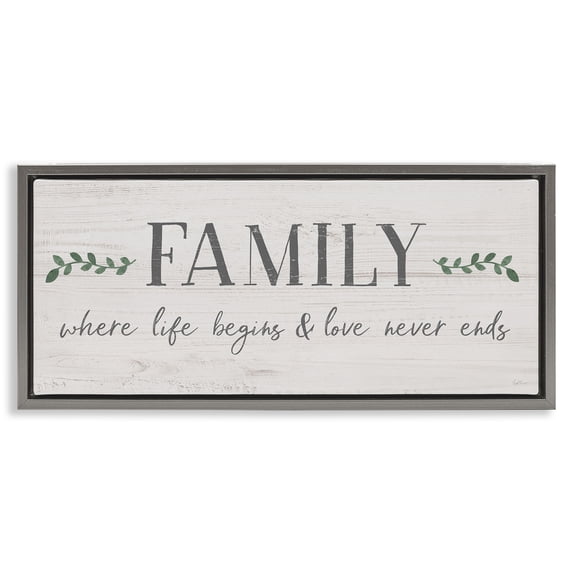 Stupell Industries French Country Love Never Ends Family Phrase Gray Floating Frame Canvas Art, 31 x 14, by Natalie Carpentieri