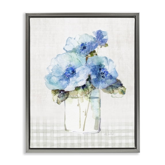 Stupell Industries French Country Plaid Blue Flowers Gray Floating Frame Canvas Art, 17 x 21, by Sally Swatland