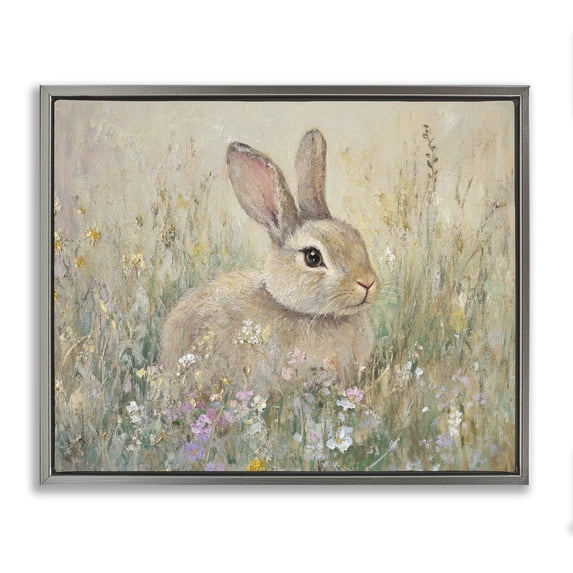 Stupell Industries French Country Soft Color Rabbit in Meadow Gray Floating Frame Canvas Art, 21 x 17, by Petals Prints Design