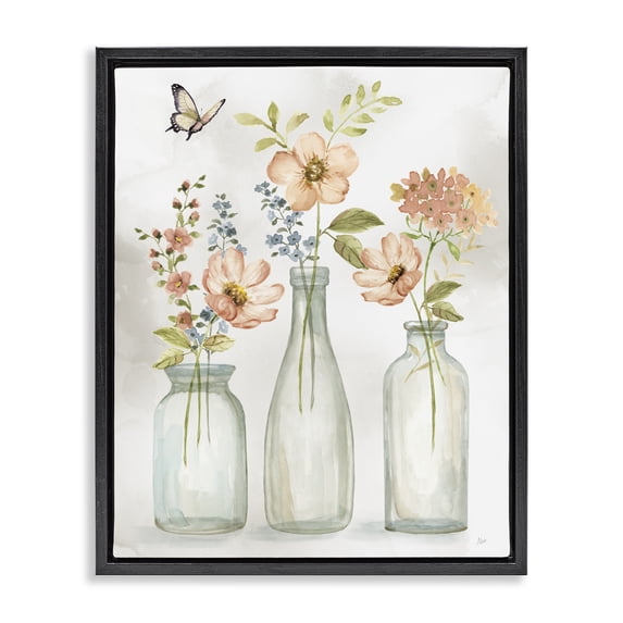 Stupell Industries French Country Soft Pink Flower Vases Black Floating Frame Canvas Art, 17 x 21, by Nan