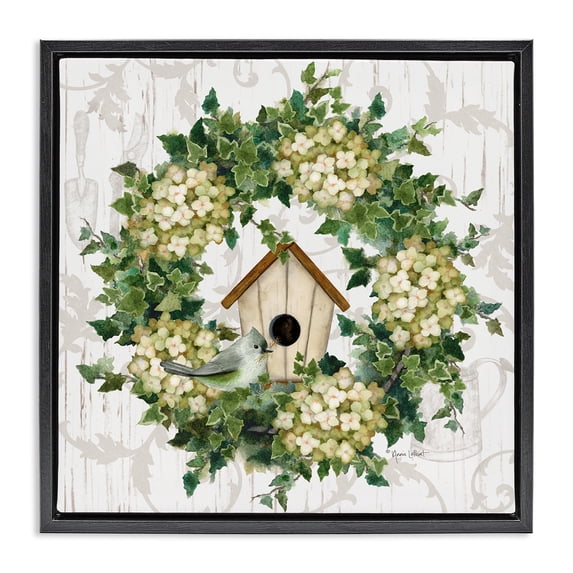 Stupell Industries French Country Spring Birdhouse Wreath Black Floating Frame Canvas Art, 18 x 18, by Annie LaPoint