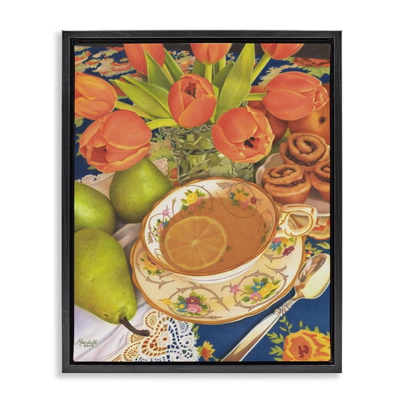 Stupell Industries French Country Tea with Orange Tulips Black Floating Frame Canvas Art, 25 x 31, by Mardell Schuster
