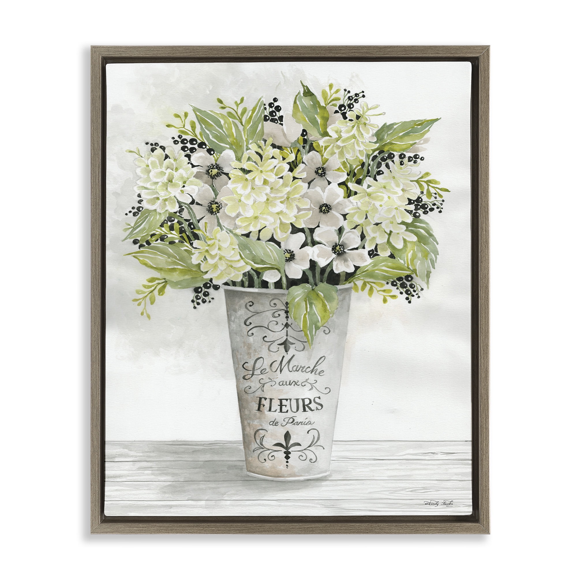 Stupell Industries French Floral Greenery Bouquet Botanical & Floral Painting Brown Floater Framed Canvas Art Print Wall Art, 25 x 31