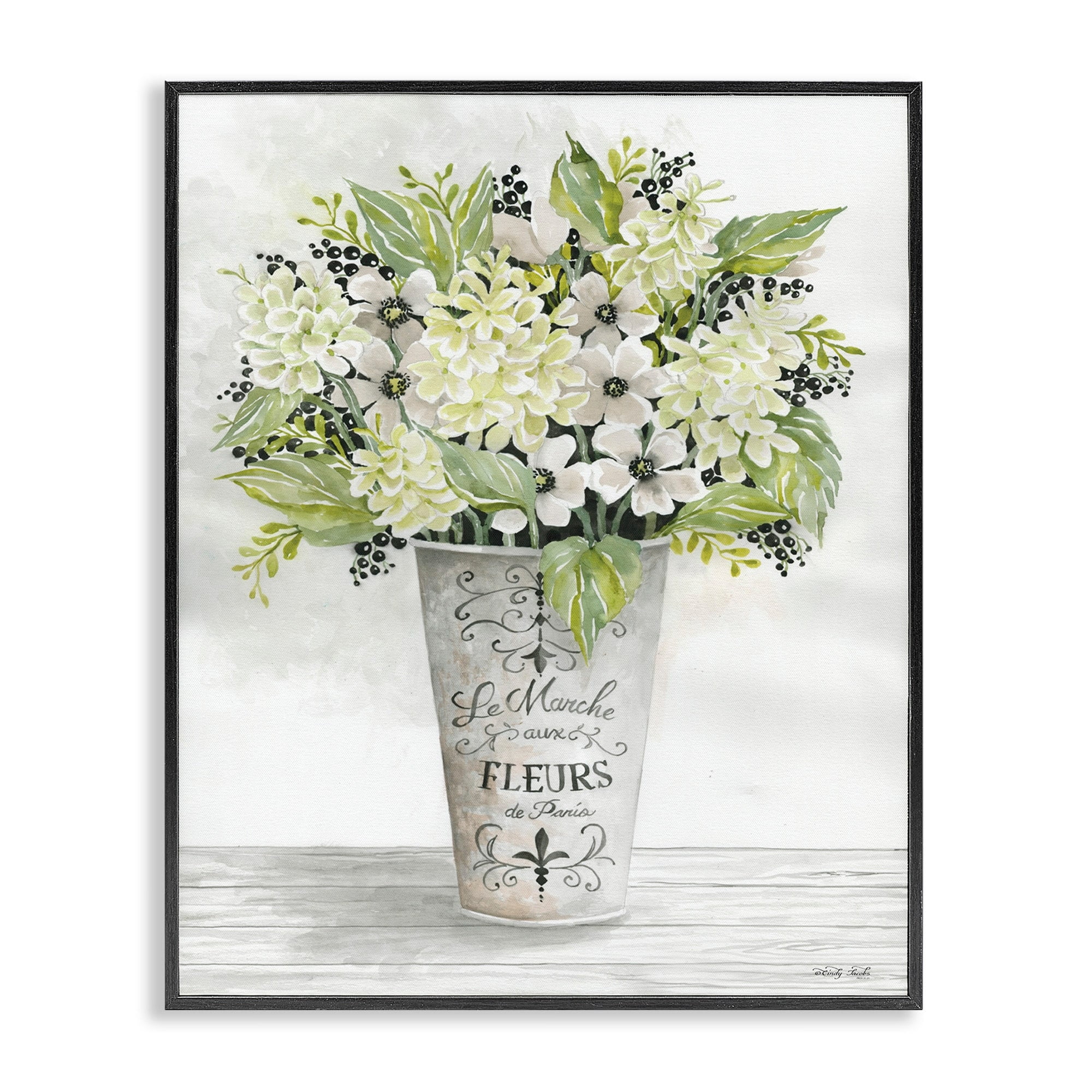 French Floral Greenery Bouquet Black Framed Canvas Print