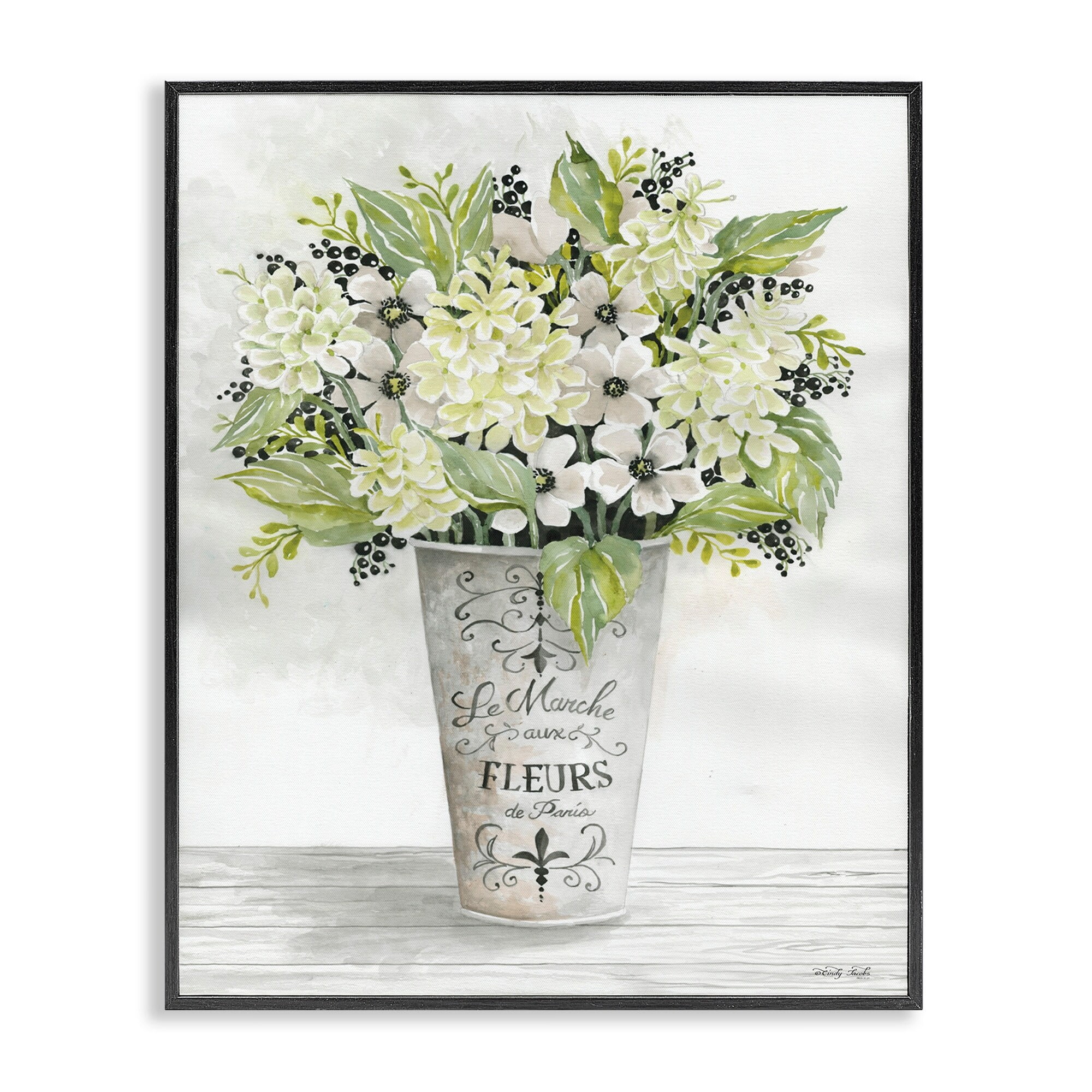 French Floral Greenery Bouquet Black Framed Canvas Print