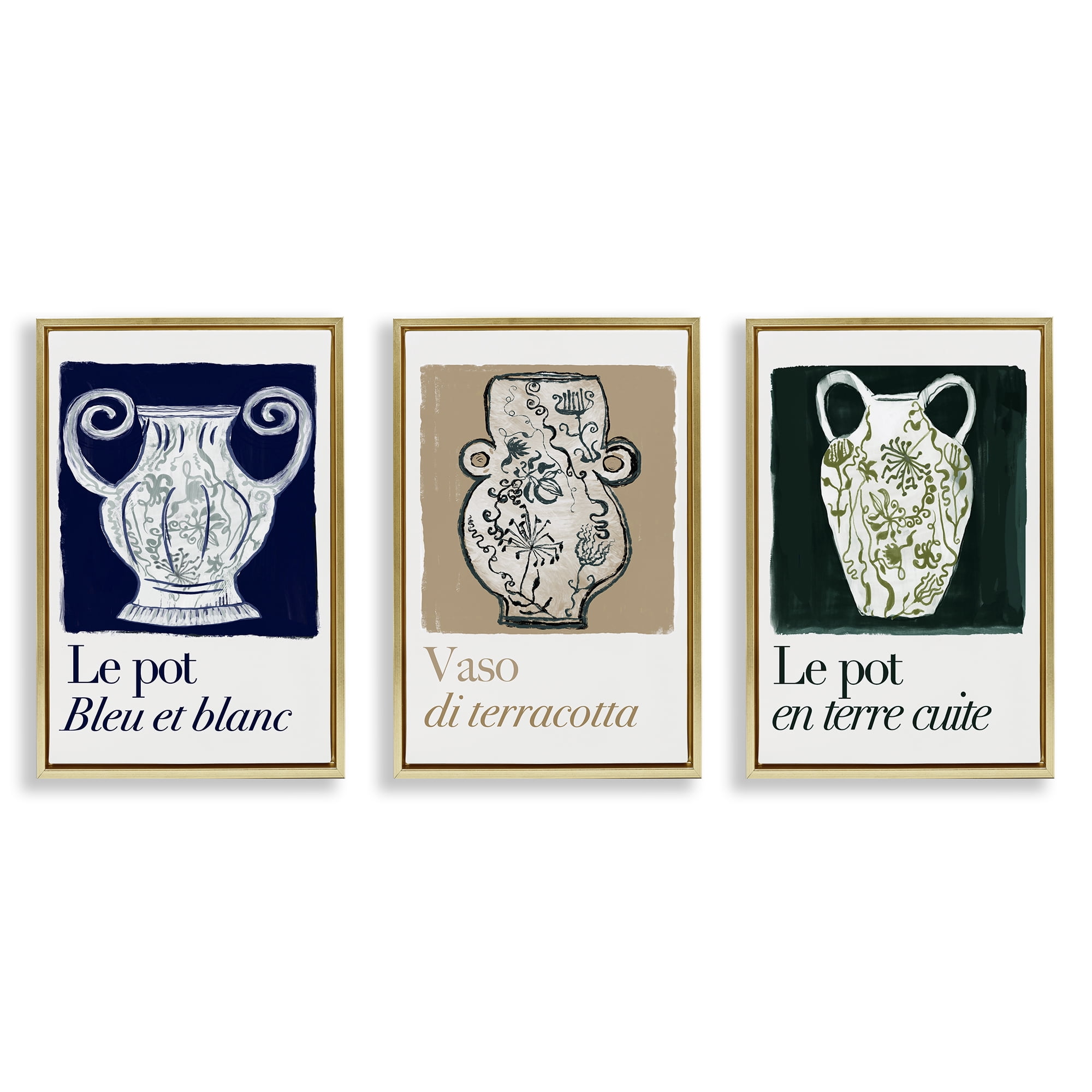 Stupell Industries French Floral Vases Text & Numbers Painting Gold Floater Framed Canvas Art Print Wall Art, 17 x 25, Set of 3