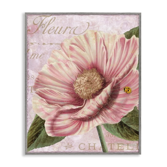 Stupell Industries French Flower & Ladybug Floral Painting Gray Framed Art Print Wall Art, 11 x 14
