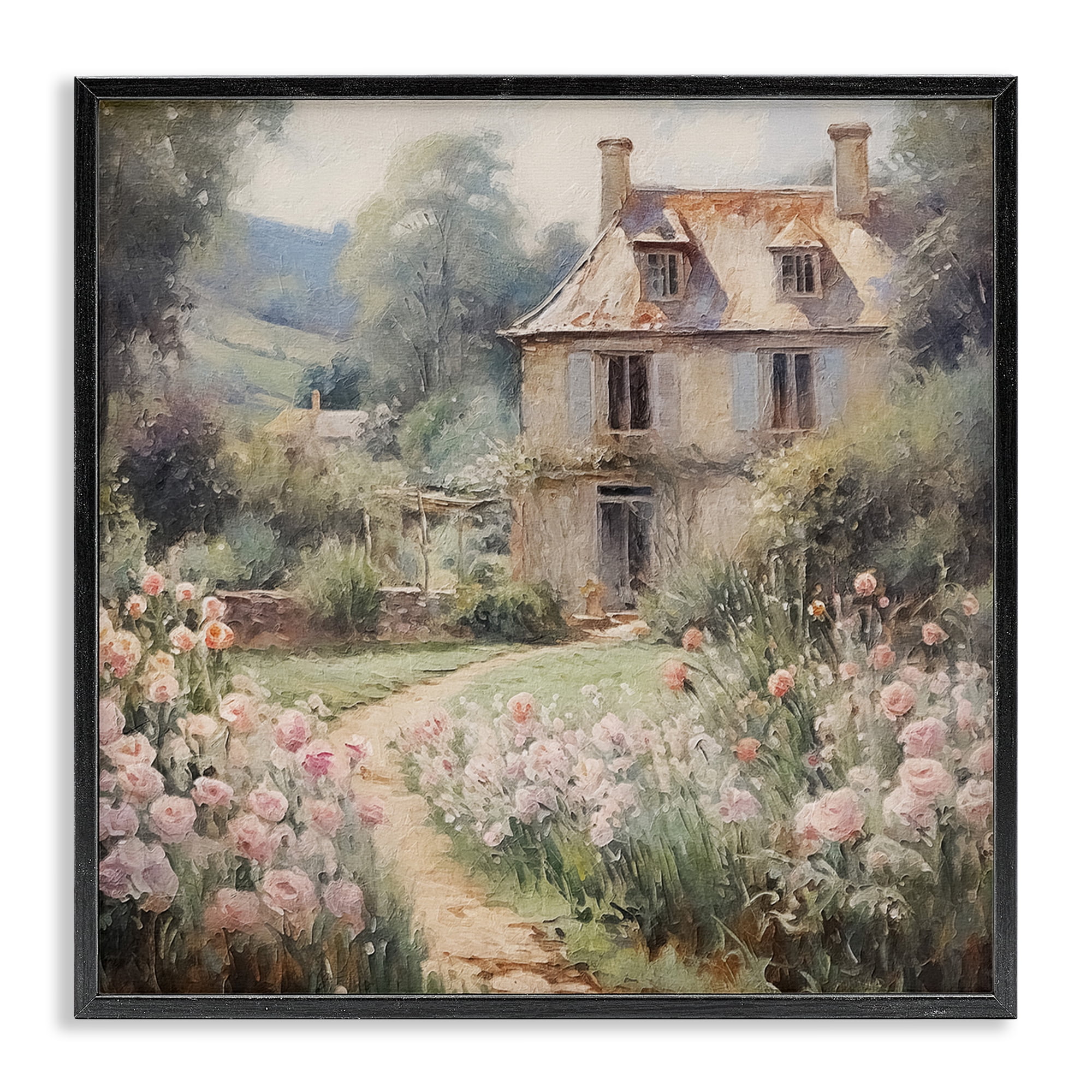 Stupell Industries French Garden Cottage Landscape Painting Black Framed Art Print Wall Art, 12 x 12