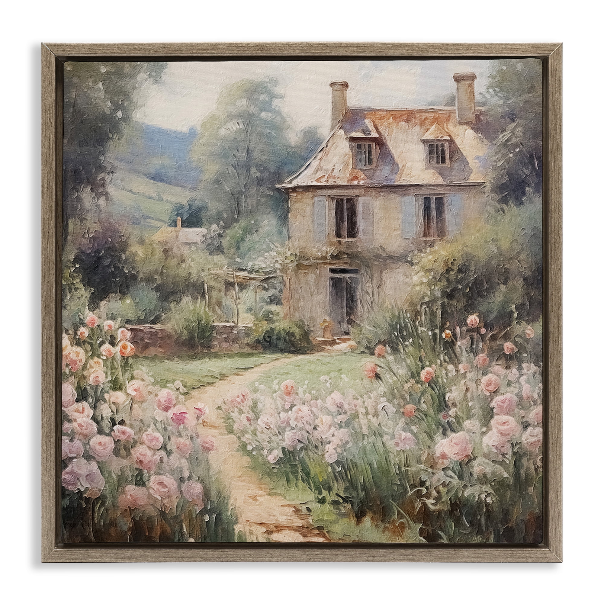 Stupell Industries French Garden Cottage Landscape Painting Brown Floater Framed Canvas Art Print Wall Art, 25 x 25