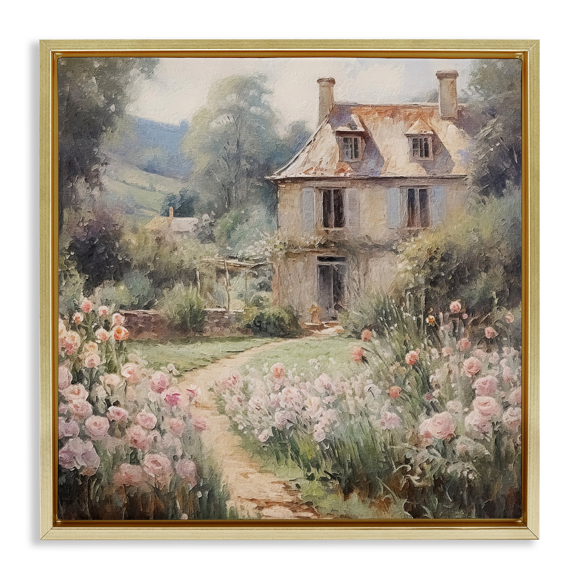 Stupell Industries French Garden Cottage Landscape Painting Gold Floater Framed Canvas Art Print Wall Art, 18 x 18