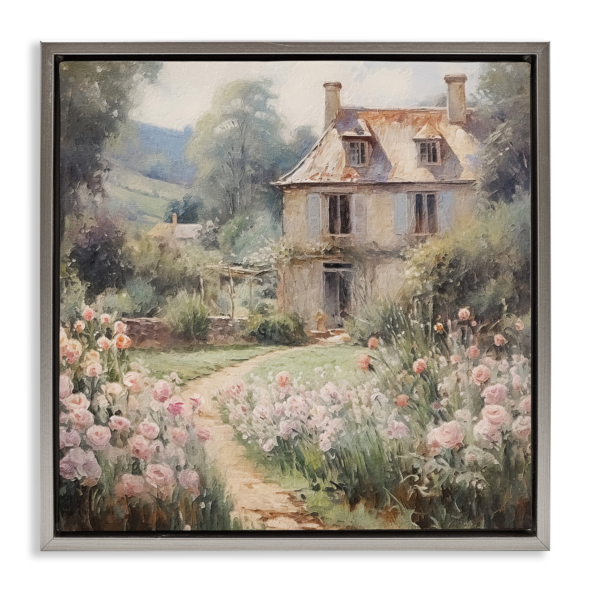 Stupell Industries French Garden Cottage Landscape Painting Gray Floater Framed Canvas Art Print Wall Art, 18 x 18