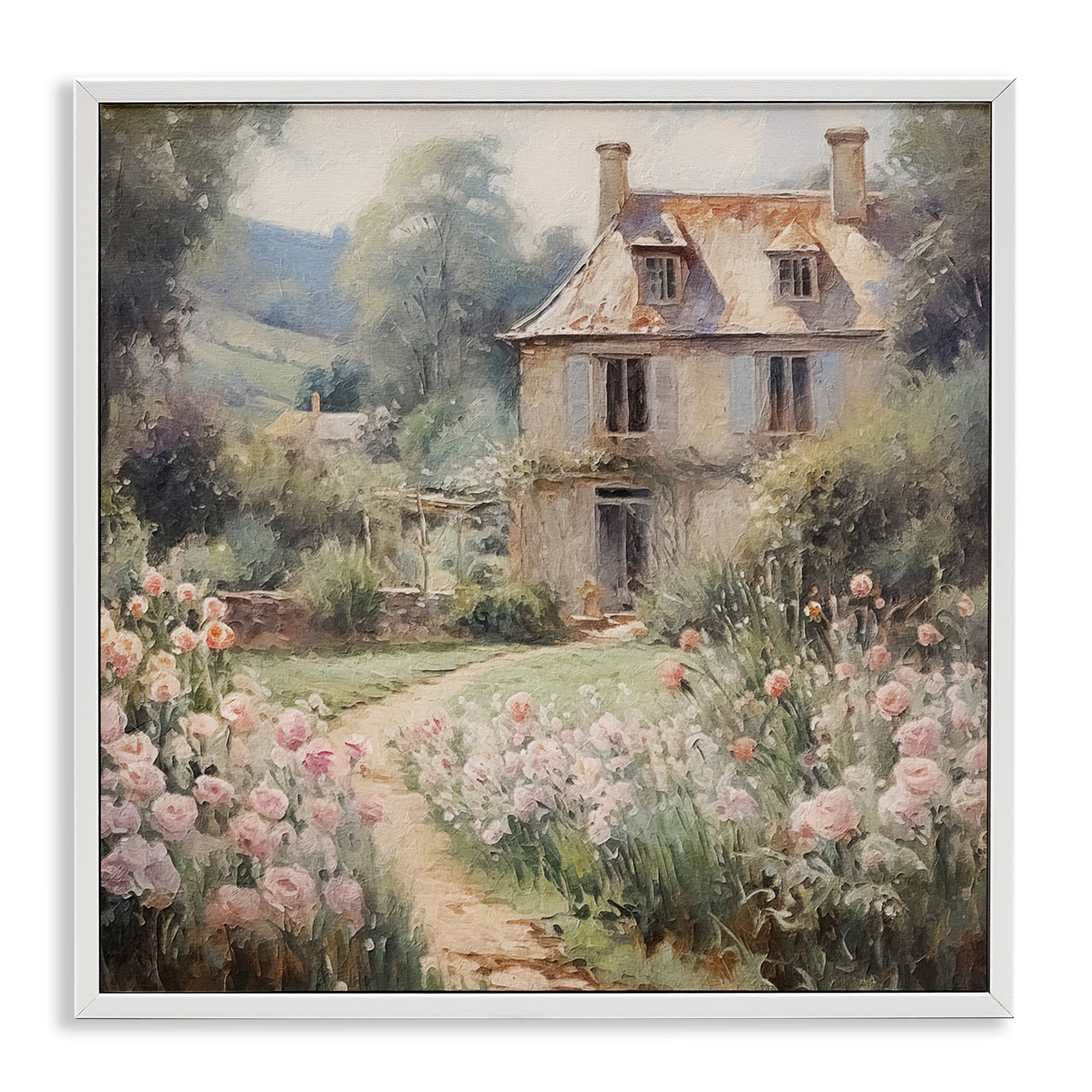 Stupell Industries French Garden Cottage Landscape Painting White Framed Art Print Wall Art, 12 x 12