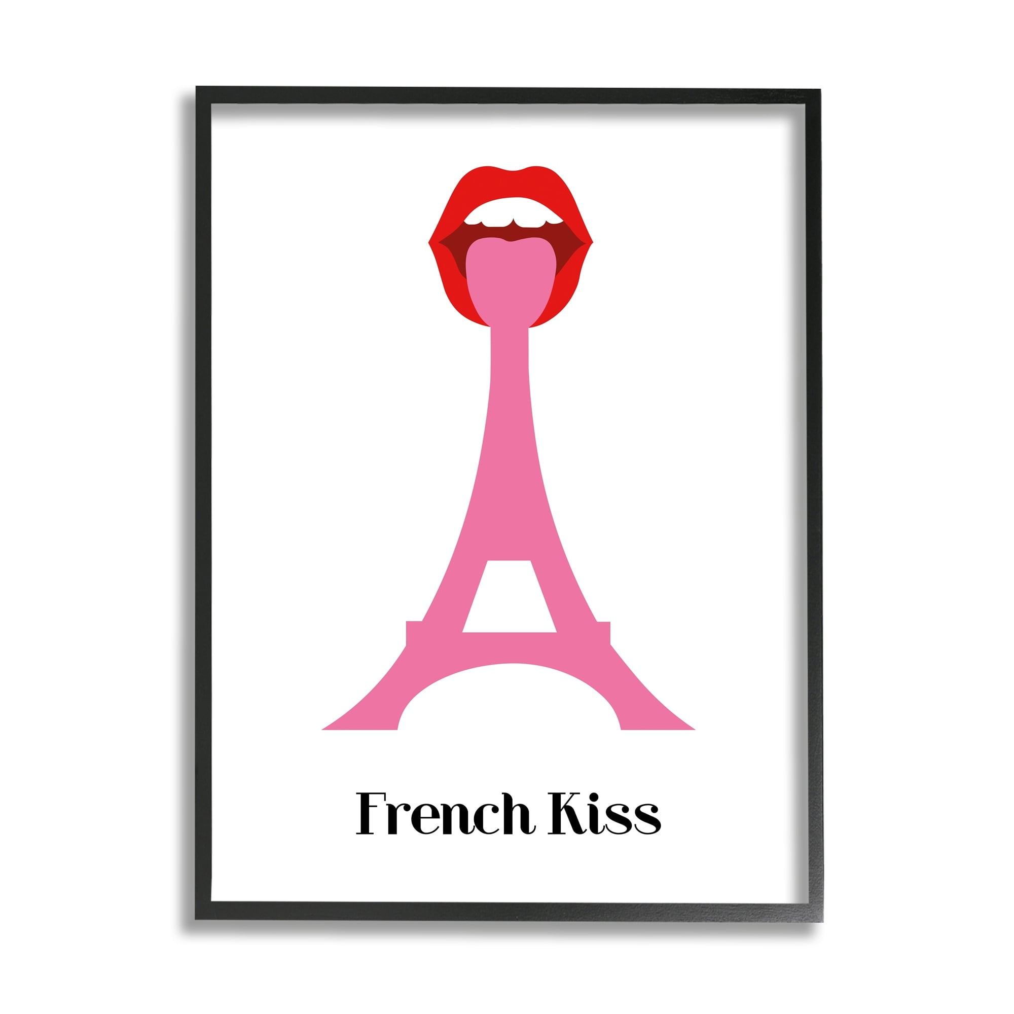Stupell Industries French Kiss Red Lips over Pink Eifel Tower Abstract Painting Black Framed Art Print Wall Art, 24 x 30