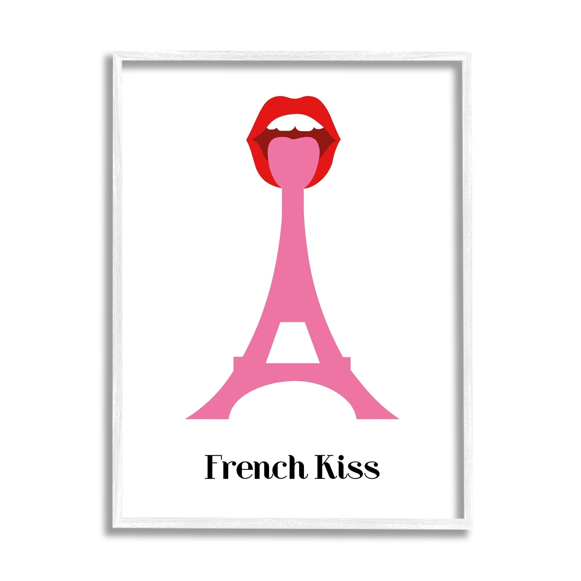 Stupell Industries French Kiss Red Lips over Pink Eifel Tower Abstract Painting White Framed Art Print Wall Art, 11 x 14