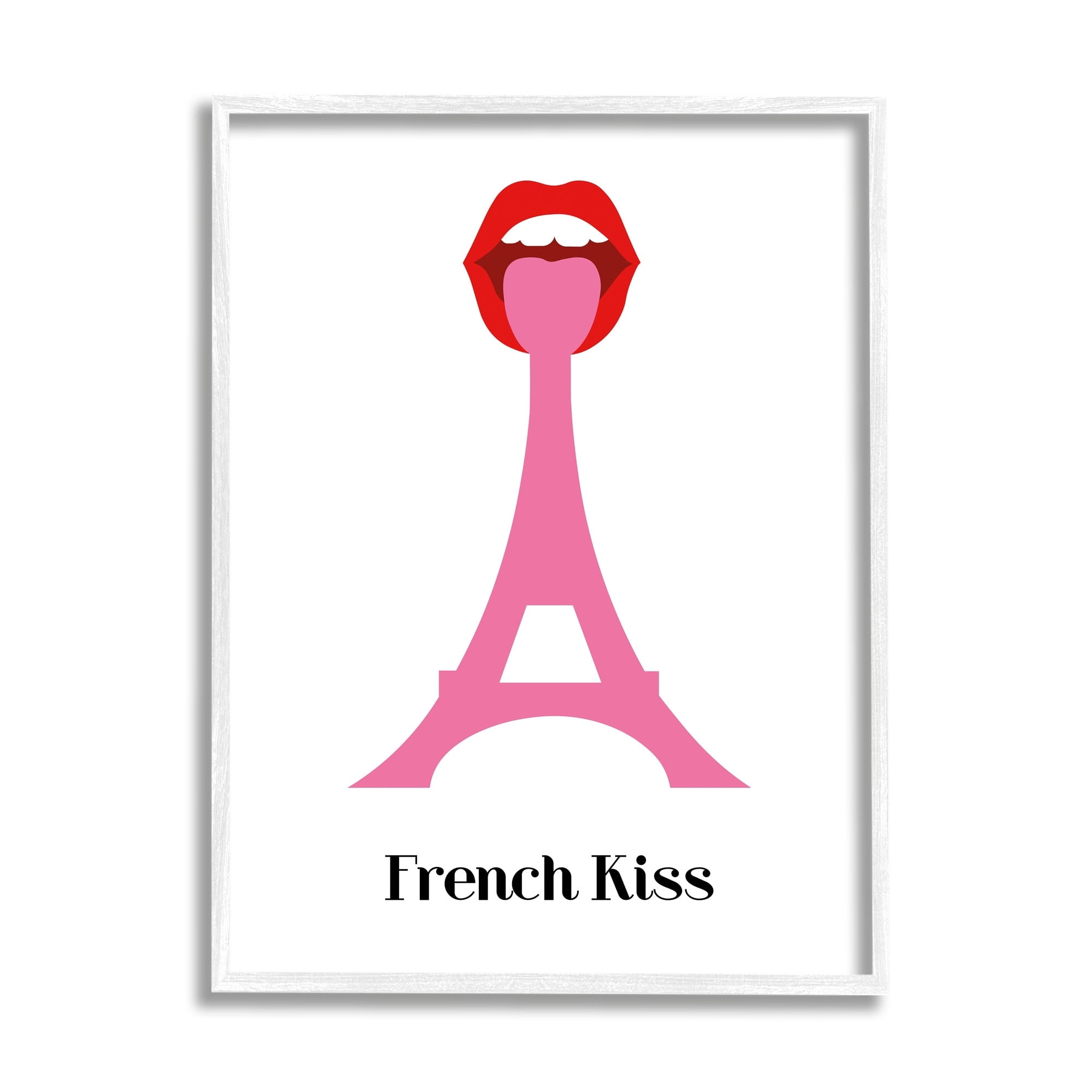 Stupell Industries French Kiss Red Lips over Pink Eifel Tower Abstract Painting White Framed Art Print Wall Art, 24 x 30
