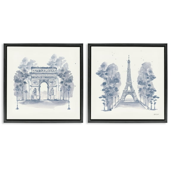 Stupell Industries French Landmarks in Blue Buildings & Architecture Painting Black Floater Framed Canvas Art Print Wall Art, 18 x 18, Set of 2
