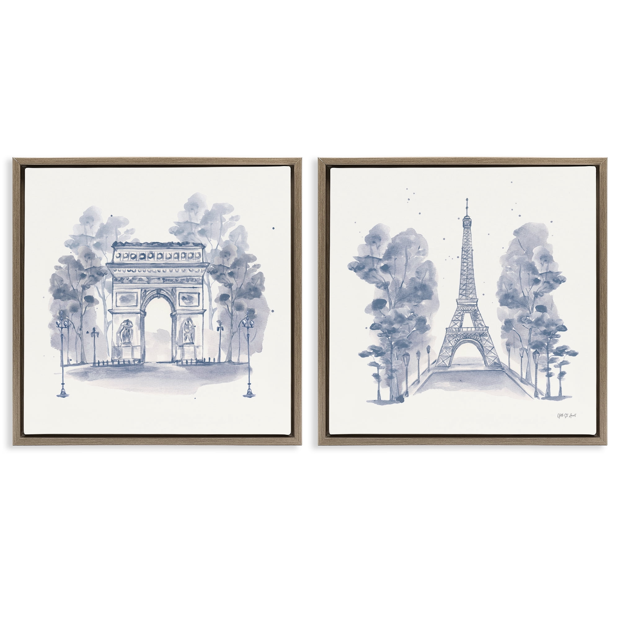 Stupell Industries French Landmarks in Blue Buildings & Architecture Painting Brown Floater Framed Canvas Art Print Wall Art, 18 x 18, Set of 2