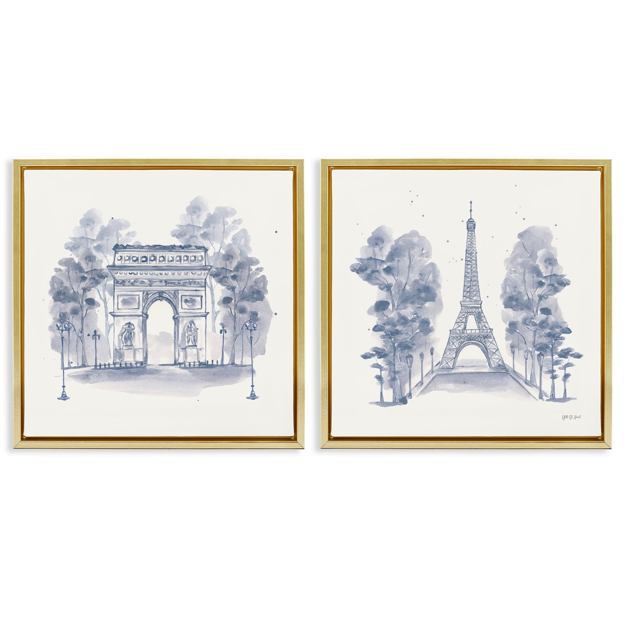 Stupell Industries French Landmarks in Blue Buildings & Architecture Painting Gold Floater Framed Canvas Art Print Wall Art, 18 x 18, Set of 2