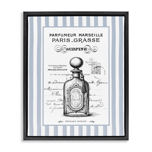 Stupell Industries French Perfume on Stripes Black Framed Floater Canvas Wall Art design by Lettered and Lined, 21 x 17
