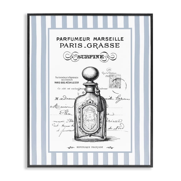 Stupell Industries French Perfume on Stripes Black Framed Giclee Art design by Lettered and Lined, 20 x 16