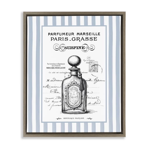 Stupell Industries French Perfume on Stripes Brown Framed Floater Canvas Wall Art design by Lettered and Lined, 21 x 17