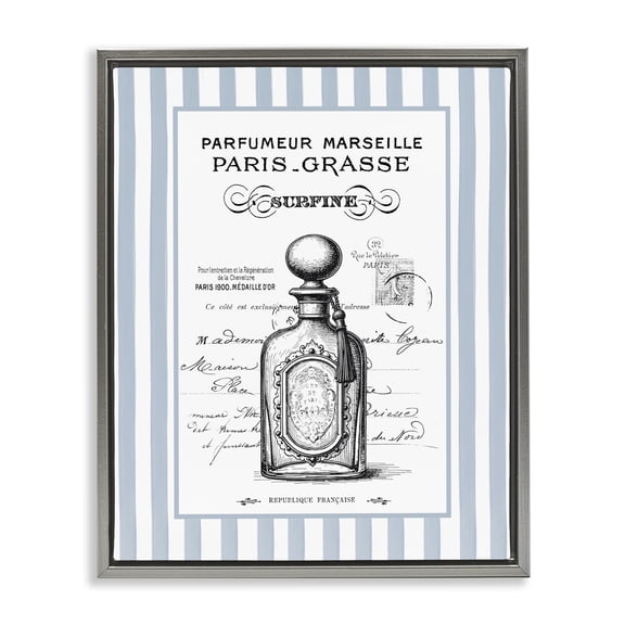 Stupell Industries French Perfume on Stripes Gray Framed Floater Canvas Wall Art design by Lettered and Lined, 31 x 25