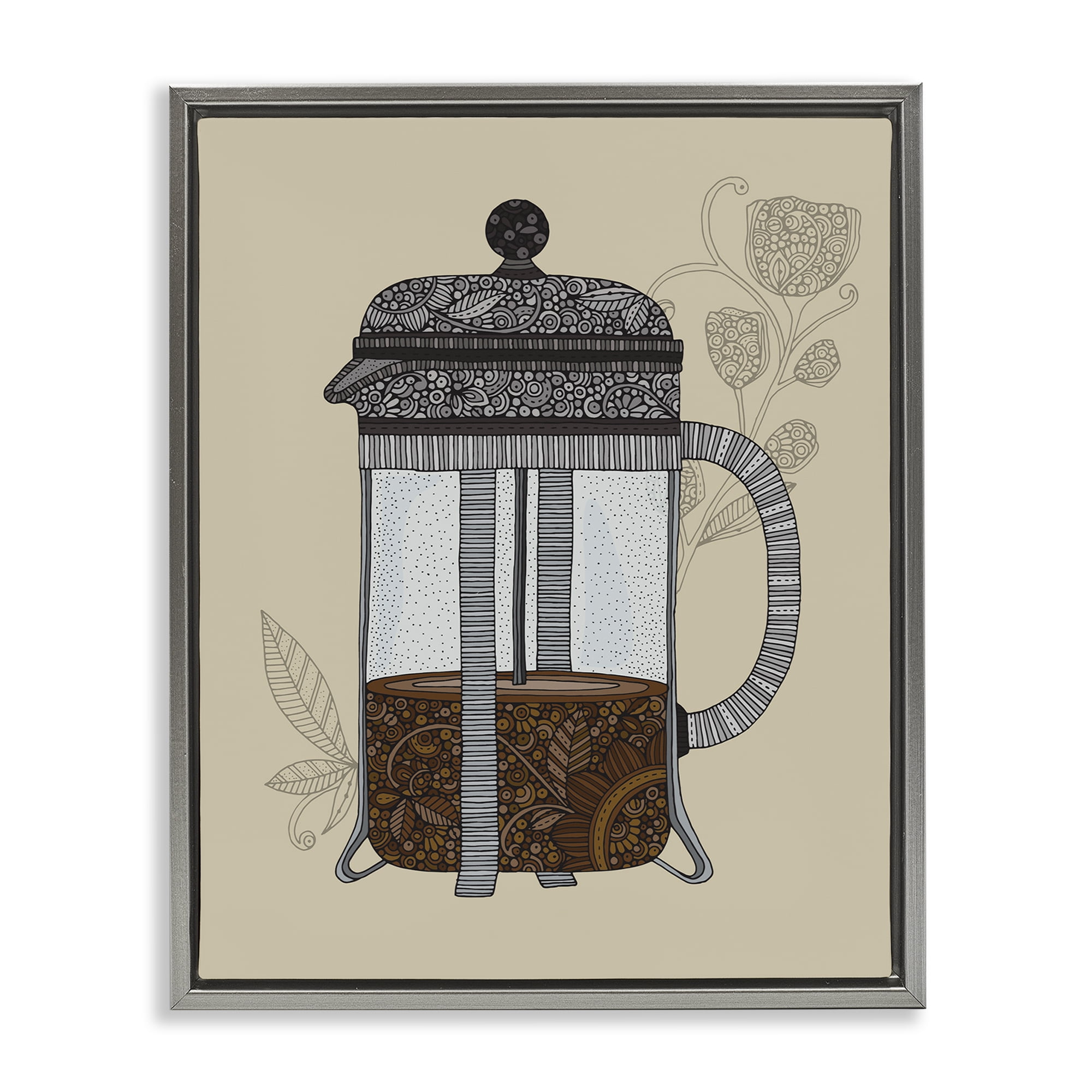 Stupell Industries French Press Coffee Food & Beverage Painting Gray Floater Framed Art Print Wall Art, 17 x 21