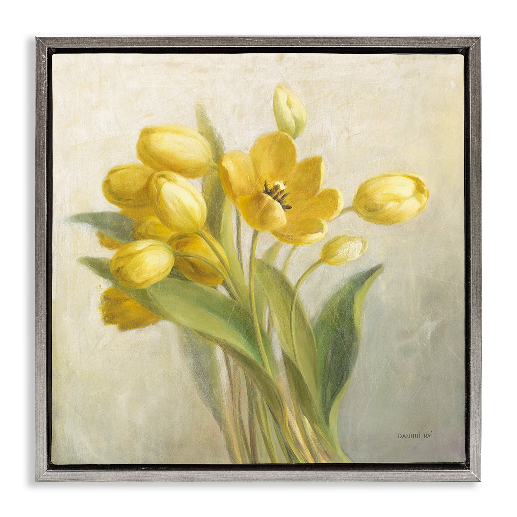 Stupell Industries French Yellow Tulips Botanical & Floral Painting Gray Floater Framed Art Print Wall Art, 18 x 18