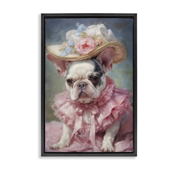 Stupell Industries Frenchie in Pink Dress Black Framed Floater Canvas Wall Art design by Wumples, 25 x 17