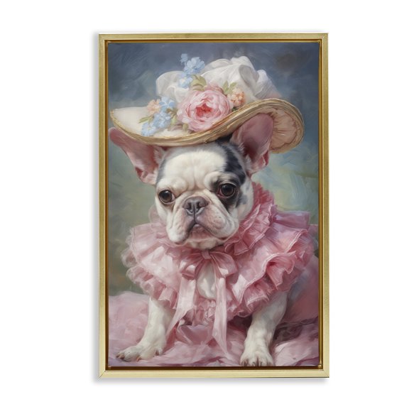 Stupell Industries Frenchie in Pink Dress Gold Framed Floater Canvas Wall Art design by Wumples, 31 x 21