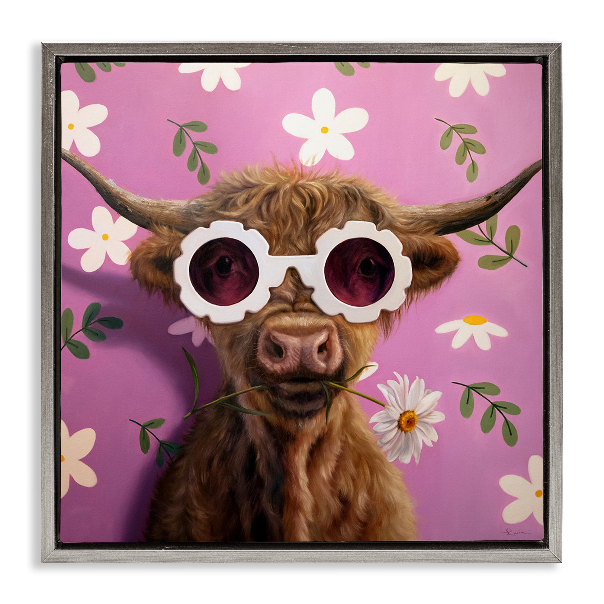 Stupell Industries Fresh As A Daisy Cattle Gray Framed Floater Canvas Wall Art, design by Lucia Heffernan