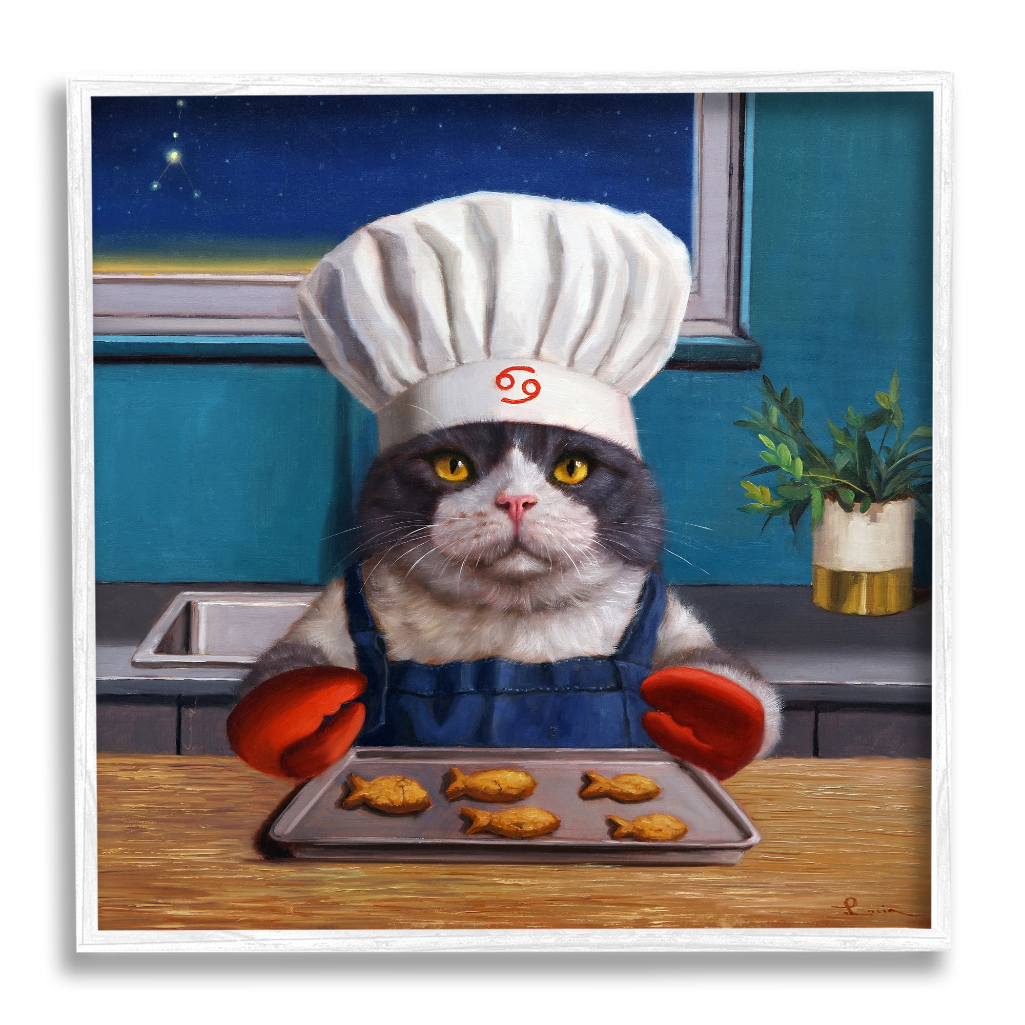 Stupell Industries Fresh Baked Fish Cookies Cat Chef Astrological Symbol Painting White Framed Art Print Wall Art, Design by Lucia Heffernan