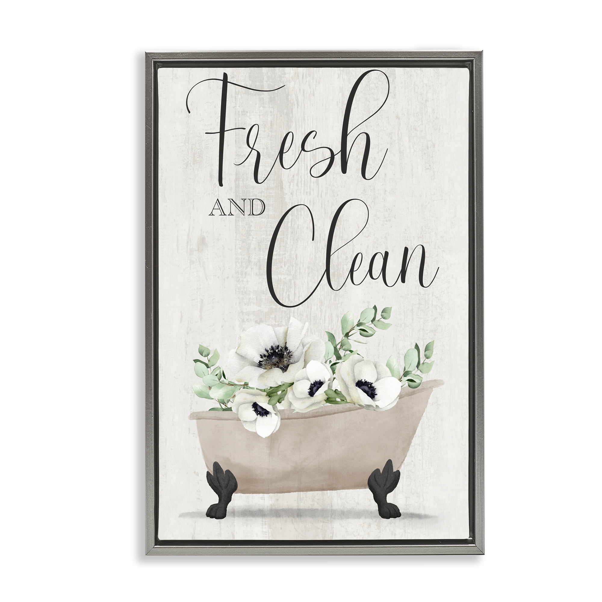 Stupell Industries Fresh & Clean Poppy Tub Bath & Laundry Painting Gray Floater Framed Canvas Art Print Wall Art, 21 x 31