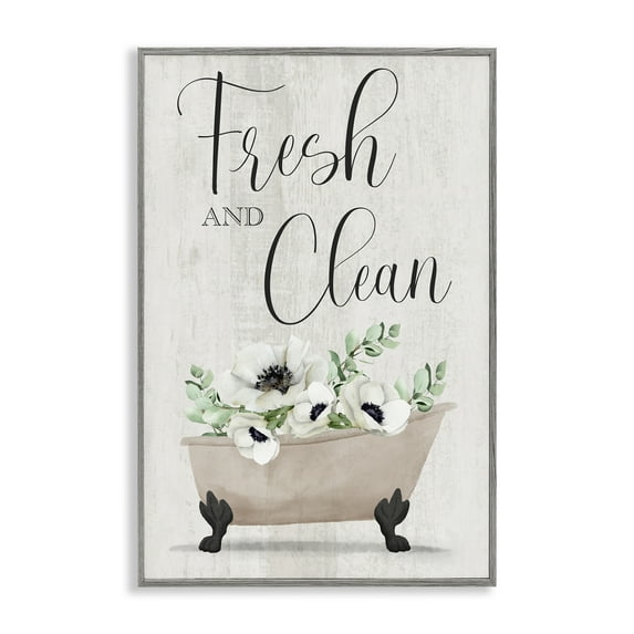 Stupell Industries Fresh & Clean Poppy Tub Bath & Laundry Painting Gray Framed Art Print Wall Art, 16 x 24