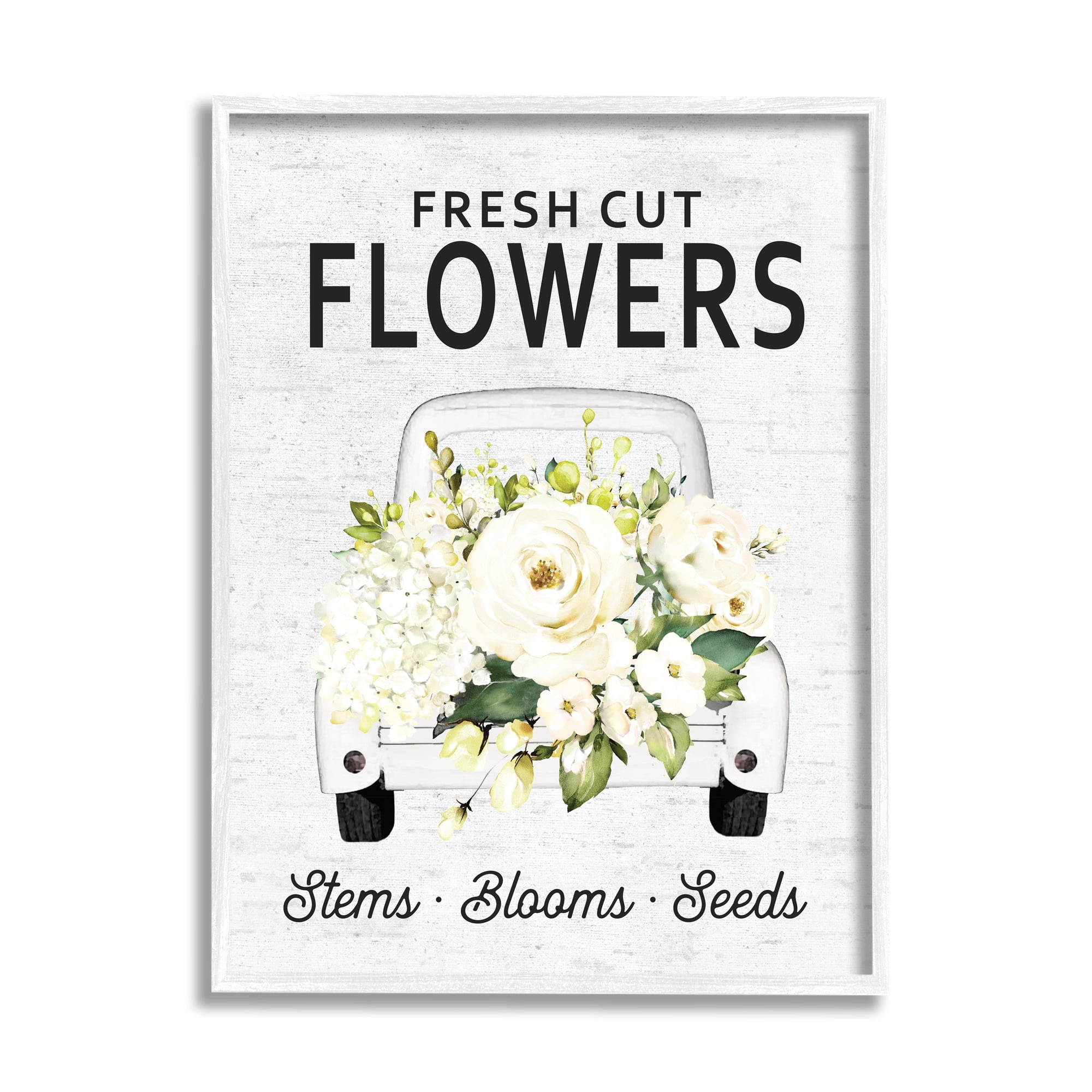 Stupell Industries Fresh Cut Flowers Sign Quaint Country Truck Graphic Art White Framed Art Print Wall Art, 11x14, by Lettered and Lined