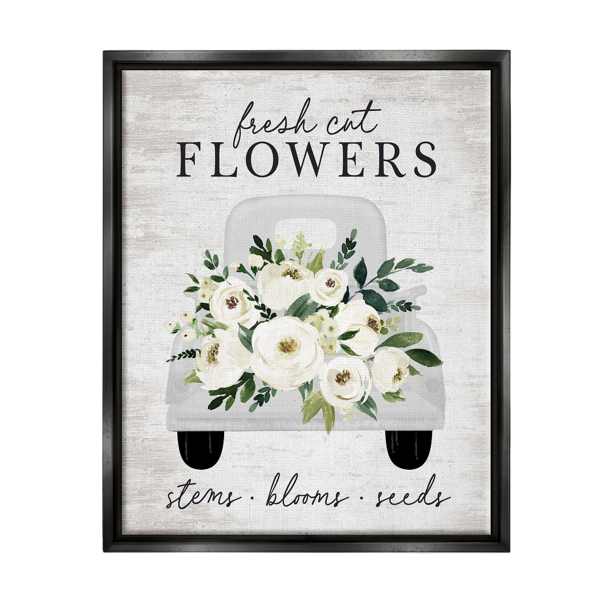 Stupell Industries Fresh Cut Flowers White Roses Carnations Truckload Graphic Art Jet Black Floating Framed Canvas Print Wall Art, Design by Lettered and Lined
