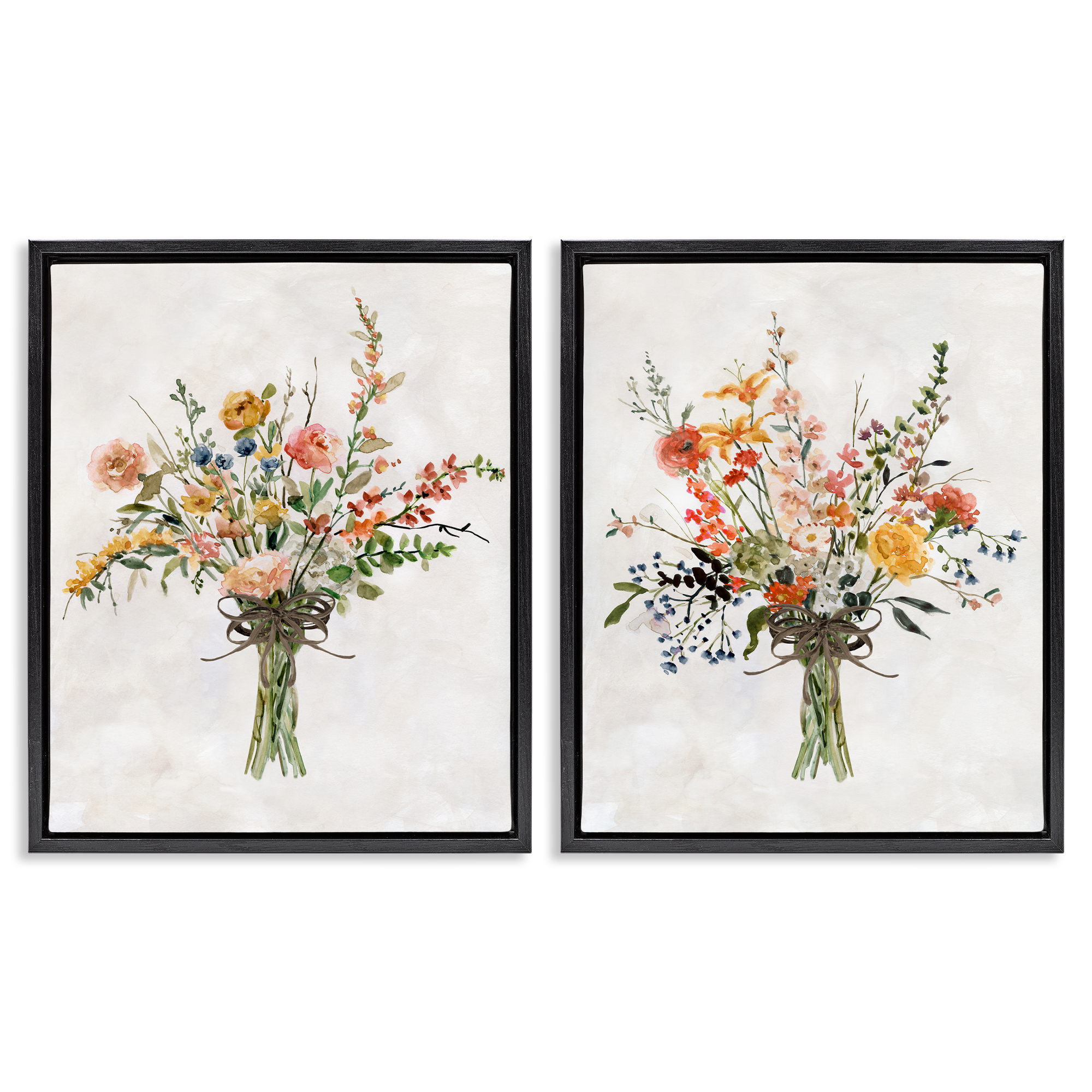Stupell Industries Fresh Cut Tied Floral Bouquet Plants & Flowers Painting Black Floater Framed Canvas Art Print Wall Art, 31 x 25, Set of 2