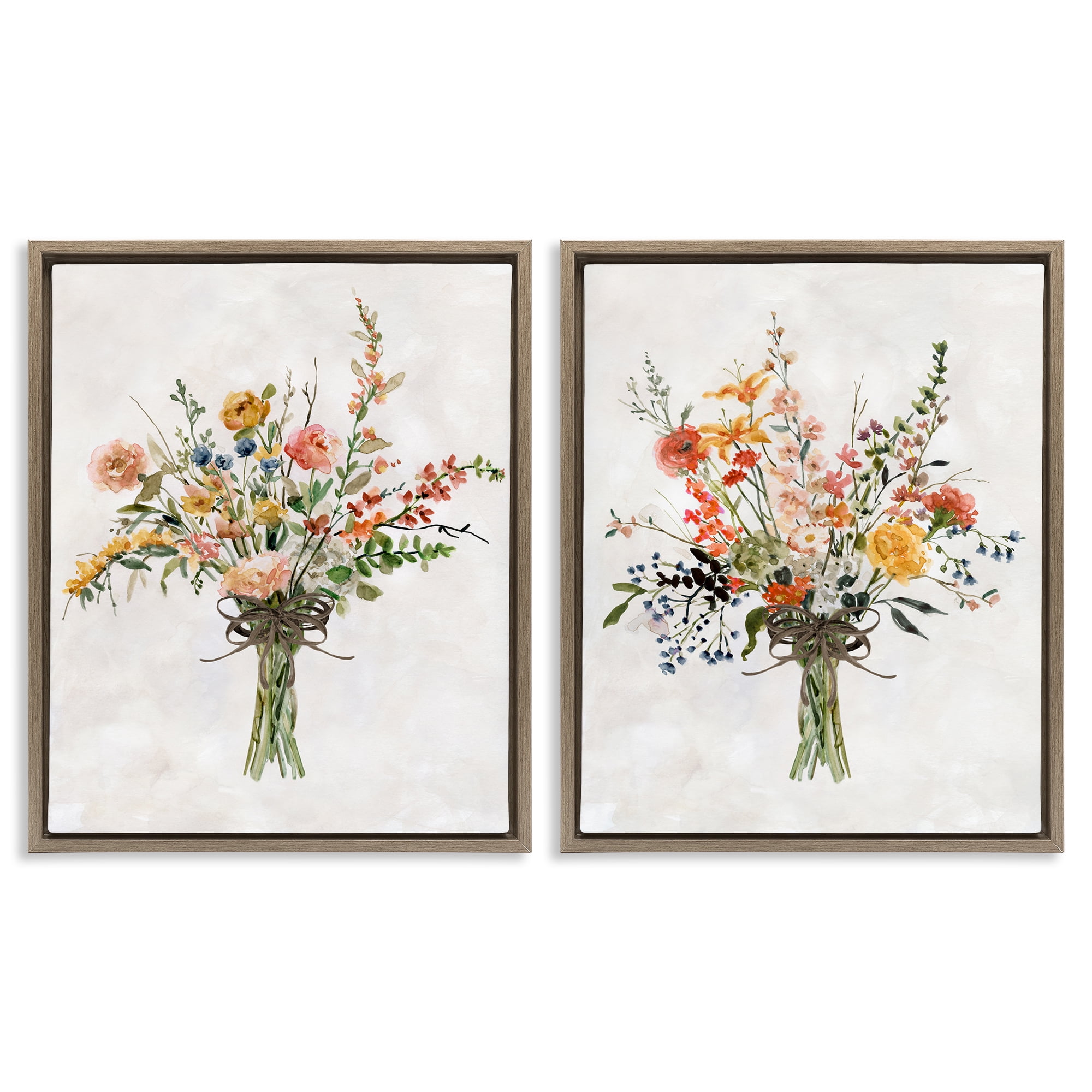 Stupell Industries Fresh Cut Tied Floral Bouquet Plants & Flowers Painting Brown Floater Framed Canvas Art Print Wall Art, 17 x 21, Set of 2