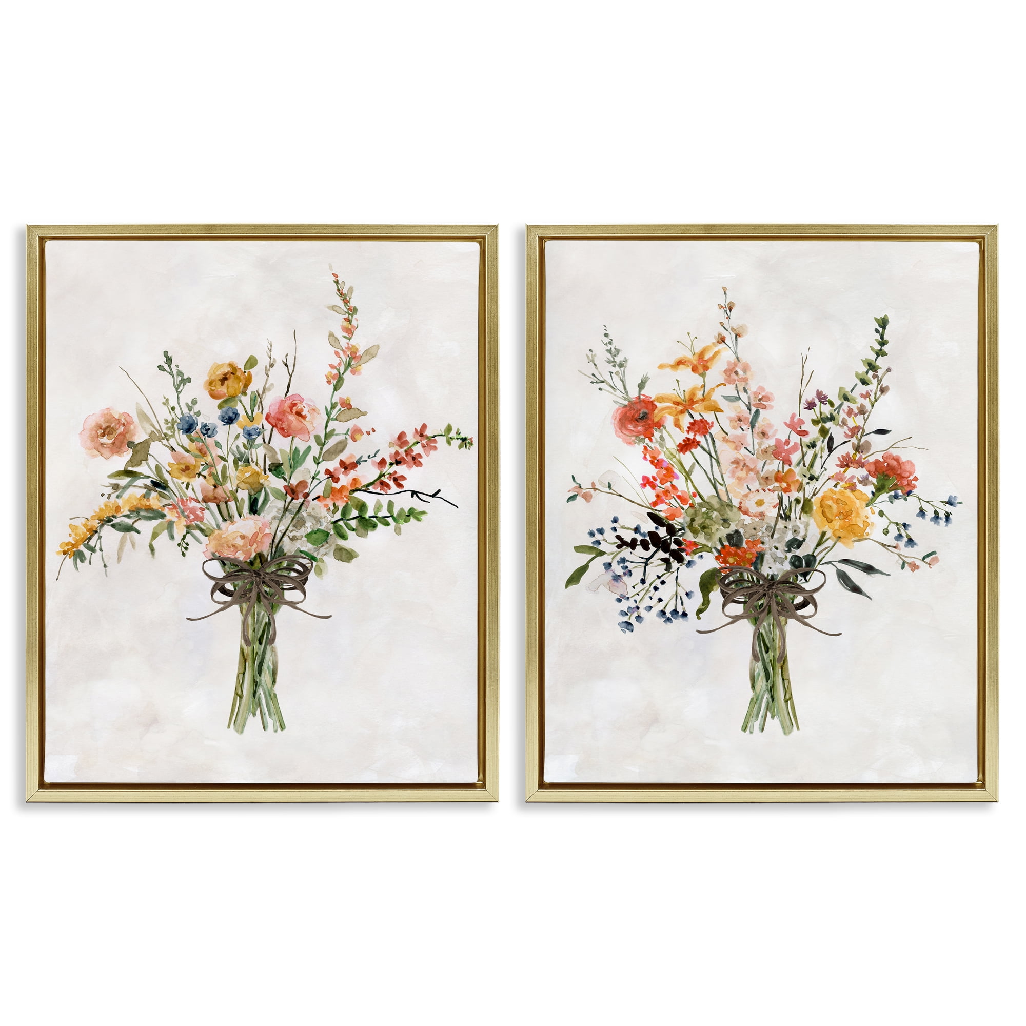 Stupell Industries Fresh Cut Tied Floral Bouquet Plants & Flowers Painting Gold Floater Framed Canvas Art Print Wall Art, 17 x 21, Set of 2